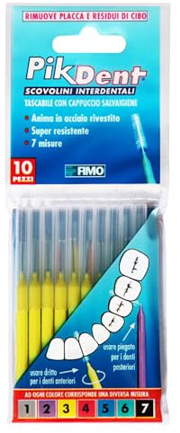 Pikdent Scovolini Interdentali - Anima In Acciaio Rivestito E Setole In Tynex - Misura 3 Cilindrico, Giallo, 0,6 mm, 10 Unità