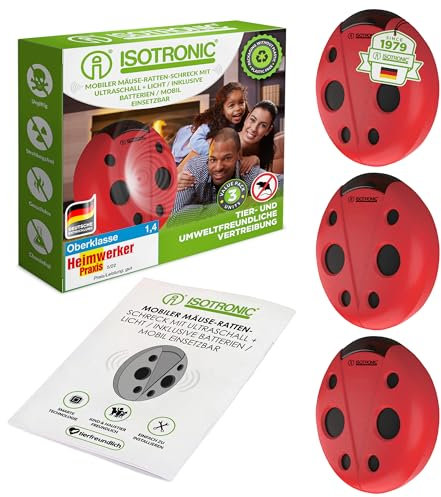 ISOTRONIC Mäuseabwehr Ultraschall Ratten- und Mäusevertreiber | mobiler Mäuseschreck incl. LED Orientierungslicht und Lautstärkenregelung, 3 Stück