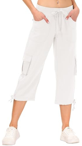JINSHI Women Casual Cropped Trousers Ladies Capri Pants Relaxed Fit Crop Summer Three Quarter 3/4 Length Shorts with Multiple Pockets Beige L