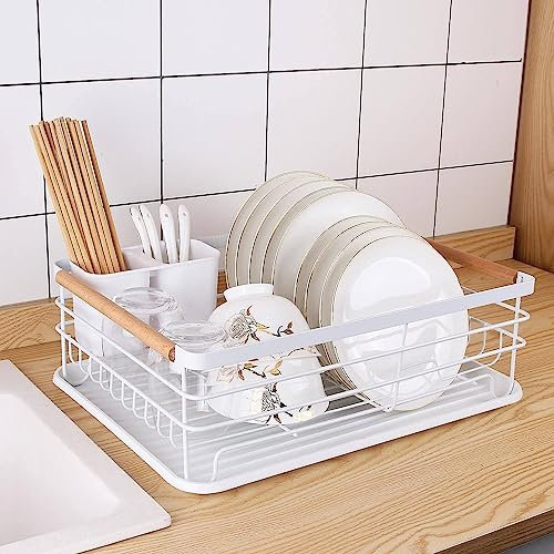 JUPPLIES Escurreplatos de Acero Inoxidable 41.5x31x11cm con Soporte para Utensilios Extraible, Portavasos y Estante de Gran Capacidad - Escurridor de Platos con Bandeja de Goteo (Blanco)
