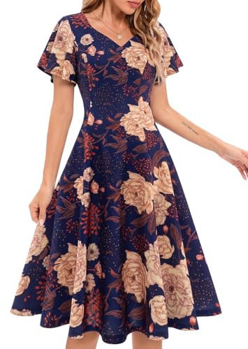 Homrain Damen elegant cocktail 50er Jahre Rockabilly Knielang Vintage Kleid Faltenrock Retro Kleider V-Ausschnitt A-Line Abendkleid