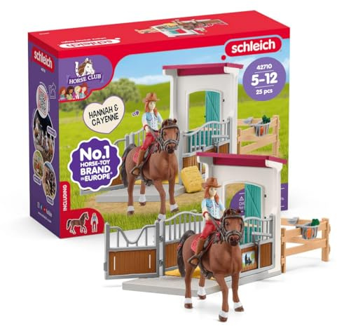 Schleich Horse Club | Box à Chevaux avec Hannah & Cayenne 42710 | Set avec écurie, Figurine articulée, Cheval, clôture et Accessoires | Cadeau pour Enfants dès 5 Ans | 25 pièces | Exclusivité Amazon