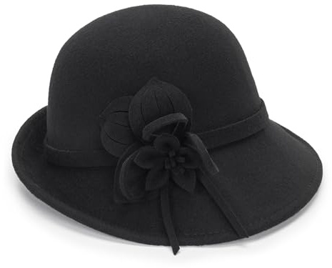 KorhLeoh Chapeau d’église en Feutre pour Femmes des années 1920, Chapeau Seau d’Hiver en Laine Gatsby, Chapeau Melon Vintage avec Fleur