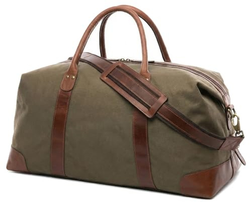 SID & VAIN große XL Reisetasche Canvas & Leder - Sporttasche groß Lennox - Weekender Handgepäck mit Schultergurt - Ledertasche Herren und Damen grün handgefertigt