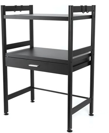 Microwave Oven Rack, 3 Tier Microwave Shelf with Drawer & Hook, Counter Storage Organiser, Metal Counter Shelf, 57 x 38 x 80cm Kitchen Appliance Organizer for Space Saving (Black)