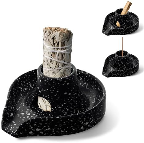 Sage Holder Smudge Stick Burner Bowl Ceramics Incense Holder Burning Bowl for White Sage/Palo Santo Stick/Incense,Easy to Clean 3 in 1 White Sage Bundle Smudge Bowl (Black)