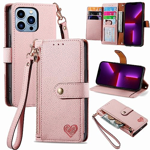VEEMOS Zipper Wallet Case for Apple iPhone 13 Pro Phone Case with Purse Card Holders RFID Blocking Leather Flip Case Book Cover Wrist Strap Women - Pink