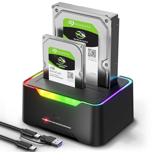 POSUGEAR Festplatten Docking Station, RGB USB 3.0 Festplattengehäuse für 2,5 und 3,5 Zoll SATA HDD/SSD, 2 x 20TB Dual Bay HDD Docking Station mit Offline Klonen Unterstützung werkzeugloser und UASP