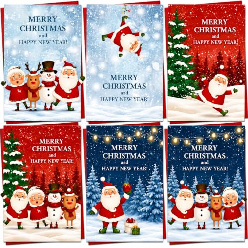 Christmas Cards Boxed | 30 Pack Xmas Cards Multipack | 6 Unique Santa and Friends Designs Seasons Greetings Card For School Kids Friends Family