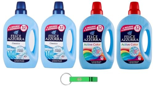 4 x testpaket Felce Azzurra Lavatrice Classico Active Color, flytande tvättmedel för tvättmaskinen, effektiv i kyla, 32 tvättar 1595 ml Beni Culinari gratis nyckelring