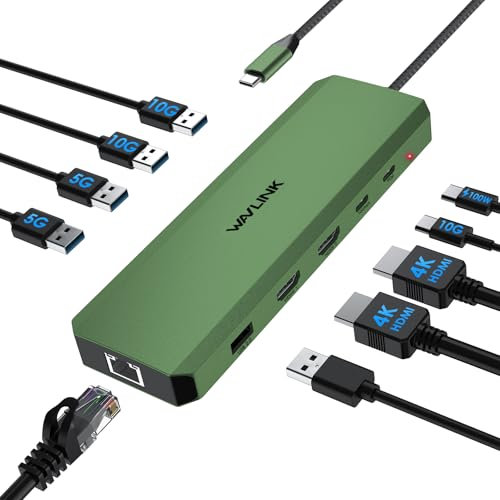 Laptop Docking Station, WAVLINK 10G USB C Hub with Dual HDMI, 100W PD in, 10Gbps USB-A/C 3.2, 5Gbps USB-A, USB2.0, Gigabit Ethernet for Dell/HP/Lenovo etc, Windows Systerm Computer Only - Dark Green