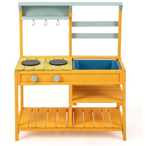 DREAMADE Cuisine d'Extérieur pour Enfants, Cuisine de Jeu en Bois de Sapin avec Evier et Cuisinières, avec Crochets de Suspension et Etagères de Rangement, pour Les Enfants de +3 Ans (Jaune)