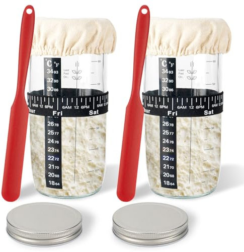 2PACK Sourdough Starter Jar 730ml, 24oz Glass Sourdough Starter Kit with Date Feeding Band, Thermometer, Cloth Cover & Metal Lid, Reusable Sourdough Bread Baking Supplies, Home Baking Supplies