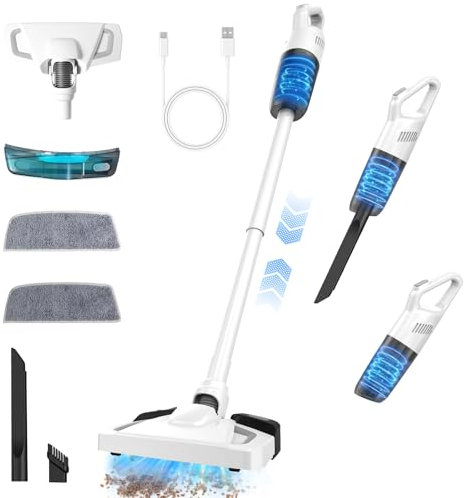 Anluomafuy Akku Staubsauger mit Wischfunktion, Stabstaubsauger beutellos mit Anti-Tangle-Bodenbürste, 2-in-1 Staubsauger kabellos für Zuhause, für Hartböden Teppich Tierhaare und Auto