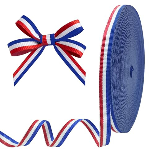 Bleu Rouge Blanc Rayé Ruban Grosgrain- 50 m x 10 mm Ruban de Tissu à Rayures Bleues à Utiliser pour l’insigne Médaille Patriotique, Emballage Cadeau, Décor de Fête, Bricolage et Couture