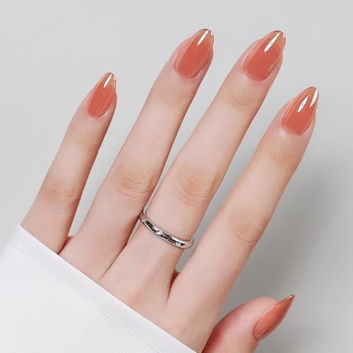 Luxbon Short Almond Durable Press On Nails con colla per unghie No-Cure e kit di strumenti - Punte in gel morbido cromato 25-30 pezzi, unghie finte riutilizzabili per donne, unghie adesive, pomodoro