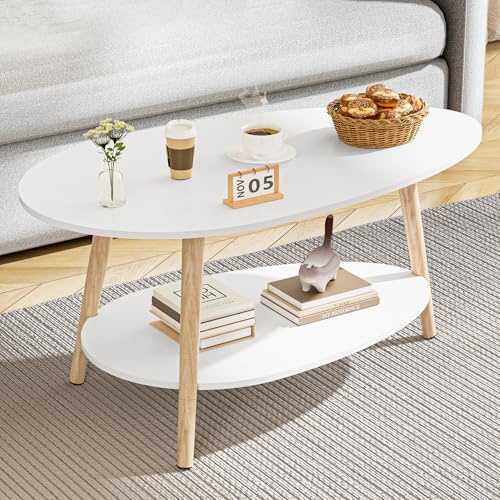 BonVache Massivholz Teetisch, Oval-Doppelschicht-Couchtisch, Runder Tisch für das Wohnzimmer, Couchtisch, Seitentisch, Teetisch, weiß