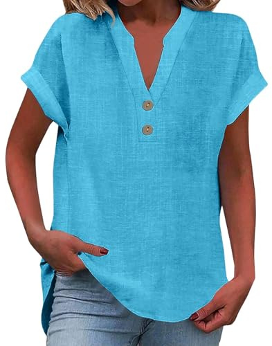 BAUENIEROY white tops for women uk, Ladies Tops 2026 Women's Summer Cotton Linen Cap Sleeve T-Shirt Button V Neck Tunic Top Fashion Baggy Solid Plain Casual Shirts Trendy Blouse