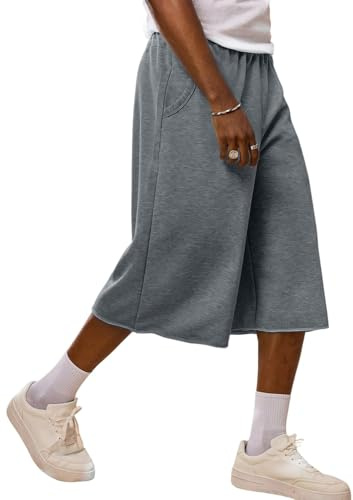 CLOAKA Short d'été pour homme - En coton - Baggy - 3/4 - Stretch - Style décontracté - Streetwear - Avec cordon de serrage, gris foncé, S