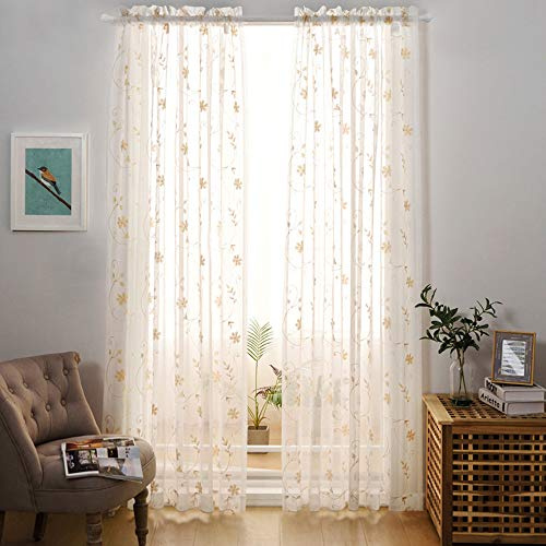 MYSTIC-HOME Embroidery White Sheer Curtains 84 Inches Long, Rod Pocket Sheer Drapes for Living Room, Bedroom, 2 Panels, 52x84, Semi Crinkle Voile Window Treatments for Yard, Patio, Villa, Parlor.