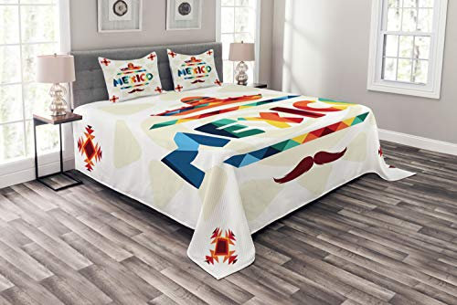 ABAKUHAUS Mexikaner Tagesdecke Set, Sombrero Aztec, Set mit Kissenbezügen Waschbar, für Doppelbetten 264 x 220 cm, Creme Blau