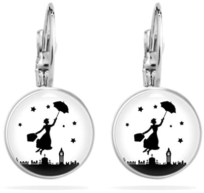 Miss Lovie Mary Poppins Witzig Ohrhänger Lustige Ohrringe Hängend Damen Teenager Mädchen Handmade Cabochon Edelstahl Schwarz Weiß Perfekt für Fasching Karneval Kostüm für Erwachsene