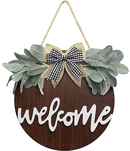 Cartello di Benvenuto in Legno, Cartello Benvenuto Ghirlanda per Porta, Cartello Benvenuto con Ghirlanda, Anello in Legno Decorazione Cartello Benvenuto con Fiore, per Porta, Decorazione (Marrone)