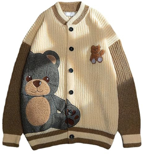 ebossy Womens Cute Bear Embroidery Knit Cardigans Casual Loose Button Down Drape Long Sleeve Varsity Sweater Jacket (M, Apricot)