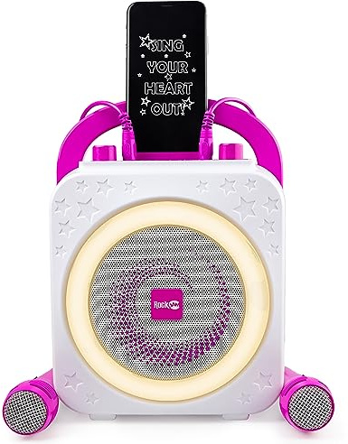 RockJam 10-Watt Rechargeable Bluetooth Karaoke Machine with Two Mics, Ring Light & Voice Effects