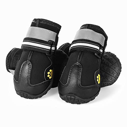 HonGien 4 Stücke Pfotenschutz Hundestiefel, Schwarze Schuhe für Mittlere und Große Hunde, mit Starken, Rutschfesten Sohlen und Reflektierenden Streifen (6#)