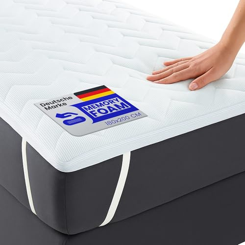 TopCool Mattress Topper (180 x 200 x 5 cm) Memory Foam Effect with 3 cm Memory Foam Core with Summer and Winter Side – Oeko-Tex – High Quality Breathable