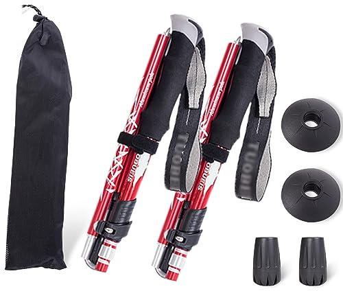 ThreeH Lot de 2 bâtons de randonnée et de trekking légers en alliage d'aluminium avec système de verrouillage rapide pour homme, femme, personnes âgées, rouge