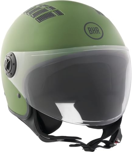 BHR Casco Demi-Jet 834 FLOW - Casco Scooter Estivo Omologato ECE 22.06 con 16 Fori di Aerazione - Visiera Antigraffio e Sgancio Micrometrico, Verde Opaco, M