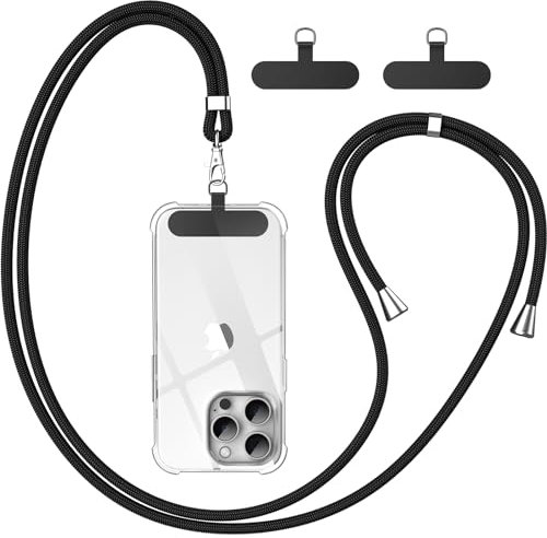 caslord Cordon Telephone Portable, avec 2 Patchs Noirs Durables, Lanière de Téléphone Portable 1,6m Adjustable, Collier Compatibles avec Tous Les Smartphones et Plupart des Coques-Noir