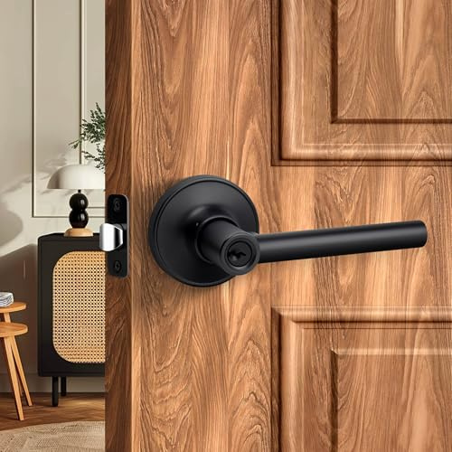 LOQRON Maniglia rotonda per porta con serratura e chiave, maniglia reversibile per porta d'ingresso con chiave, per ufficio o porta d'ingresso, finitura nera opaca