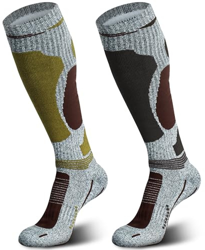 Muezna Calzini da sci in lana merino, da uomo e da donna, ad alte prestazioni, per inverno, neve, snowboard, sport all'aria aperta, caccia, 2 paia (grigio-marrone, grigio-giallo), 43-47