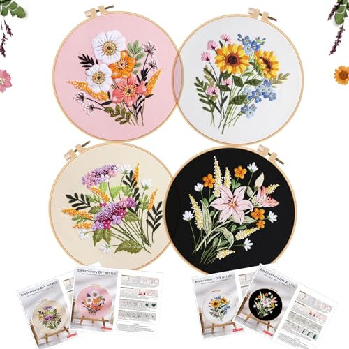 Huimai Anfänger Stickerei Set, 4 Stück Kreuzstich-Sticksets mit Blumenmuster Vorgedruckt, Erwachsene DIY Handwerk Embroidery Starter Kit mit 4 Stickrahmen, Fäden und Werkzeuge (Blumen)
