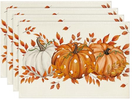 Artoid Mode Polka Dot Pumpkins Leaves Autumn Placemats Set of 4, 30 x 45cm Fall Table Mats for Party Kitchen Dining Decoration