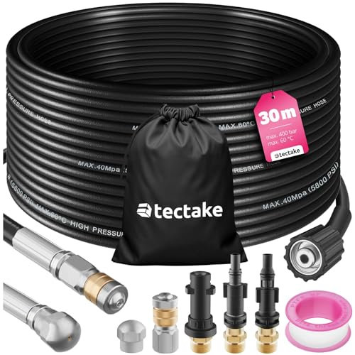 tectake® Set 8 Pezzi Tubo Sturatore con Ugelli in Acciaio Inossidabile, Adattatori Universali, Sonda Sturatubi Idropulitrice, Sonda Stura Lavandini e Scarichi con Isolante e Sacco Contenitore - 30 m