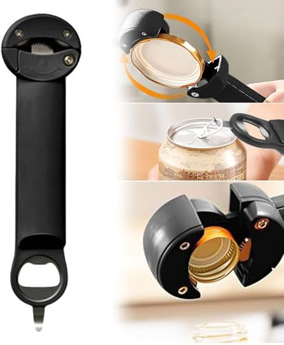 Irikdescia Apriscatole Multifunzione, Apribottiglie a Vite e a Leva per Anziani Con Artrite, Utensile da Cucina per Mani Deboli (Nero)