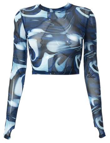 Hanaoops T-Shirt Femme Mesh Blouse Sexy Transparente Manches Longues Tops Elastique Moulant Clubwear Haut en Tulle Tenue pour Soirée Club