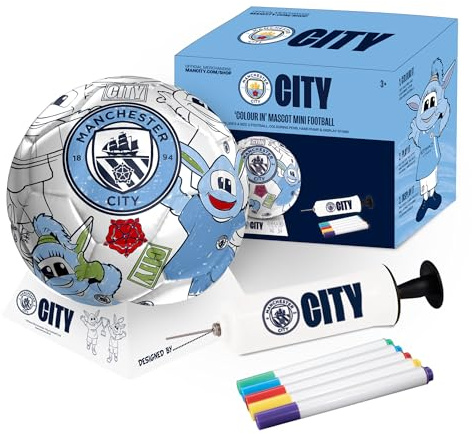 Hy-Pro Officially Licensed Manchester City F.C. Scribble Ball – Size 2 Colour in Football with 5 Colouring Pens, Stand & Pump, Football Toys, Manchester City Gifts for Boys and Girls 3+