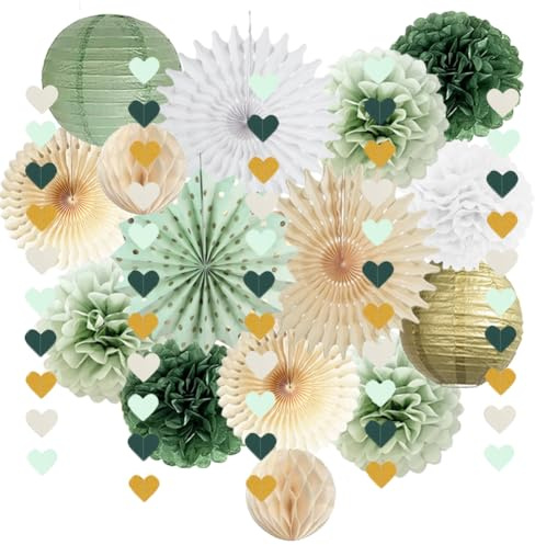 Decorazioni per feste verde salvia verde salvia oro pompon di carta ventagli di carta lanterne salvia beige oro cuore ghirlanda per donne ragazze salvia oro compleanno baby shower matrimonio addio al