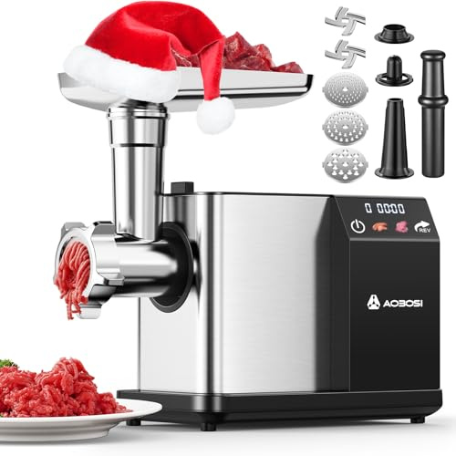 AAOBOSI Meat Grinder Electric 3000W Max with Touch Color Screen, Auto-Reverse & Built-in Storage - 3 Speed Settings,Grinding, Sausage & Kibbe Making for Home Use, Stainless Steel