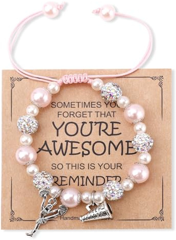 Cheerarmband med Uppmuntrande Kort, Positivt Cheerleading Beaded Charm Armband med Rhinestones Beads Smyckespresenter till Heja Laget Cheerleader