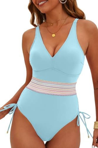 CheChury 1 Pieces Maillot de Bain Femme Elégant Push up Maillot Une pièce Amincissant Col en V Bikini pour Piscine Plage Monokini avec Cordon de Serrage,Bleu,L