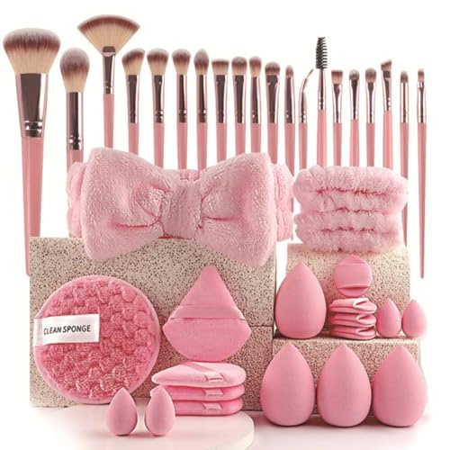 Lot de 40 pinceaux de maquillage professionnels - Mélange de fond de teint - Éponges et applicateurs de qualité supérieure - Rose
