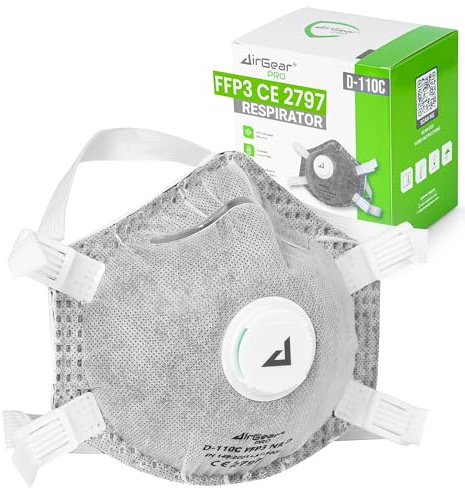 AirGearPro Mascherina FFP3 con Valvola – Maschera Antipolvere per Polveri Sottili con Strato al Carbone Attivo – Per Lavoro, Verniciatura a Spruzzo, Cantiere – Mascherine FFP3 Certificate – 20 Pezzi
