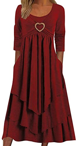 2025-Robe Boheme Femme Manches Longues- Robe Longue Col Rond Irrégulier Plissée Volants Casual Couleur Unie Ample Chic Et Élégants Swing Ourlet Fluide Confortable Doux Tempérament Dress