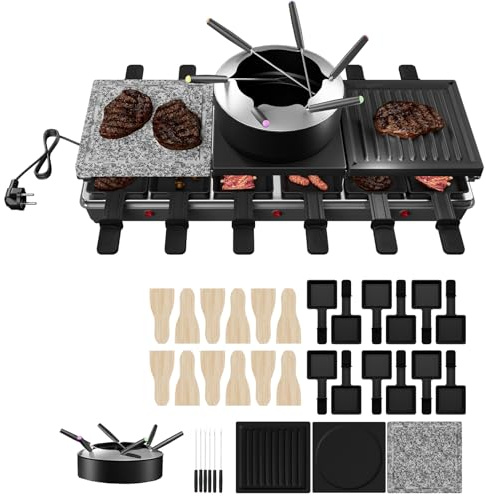 LZQ Raclette Grill mit Fondue für 12 Personen, 1650W, Doppel- und Dreifach-Heizstufen, Naturgrillstein & Antihaft-Grillplatte, Tischgrill mit 12 Pfännchen, Fondue-Set, Elektrischer Partygrill